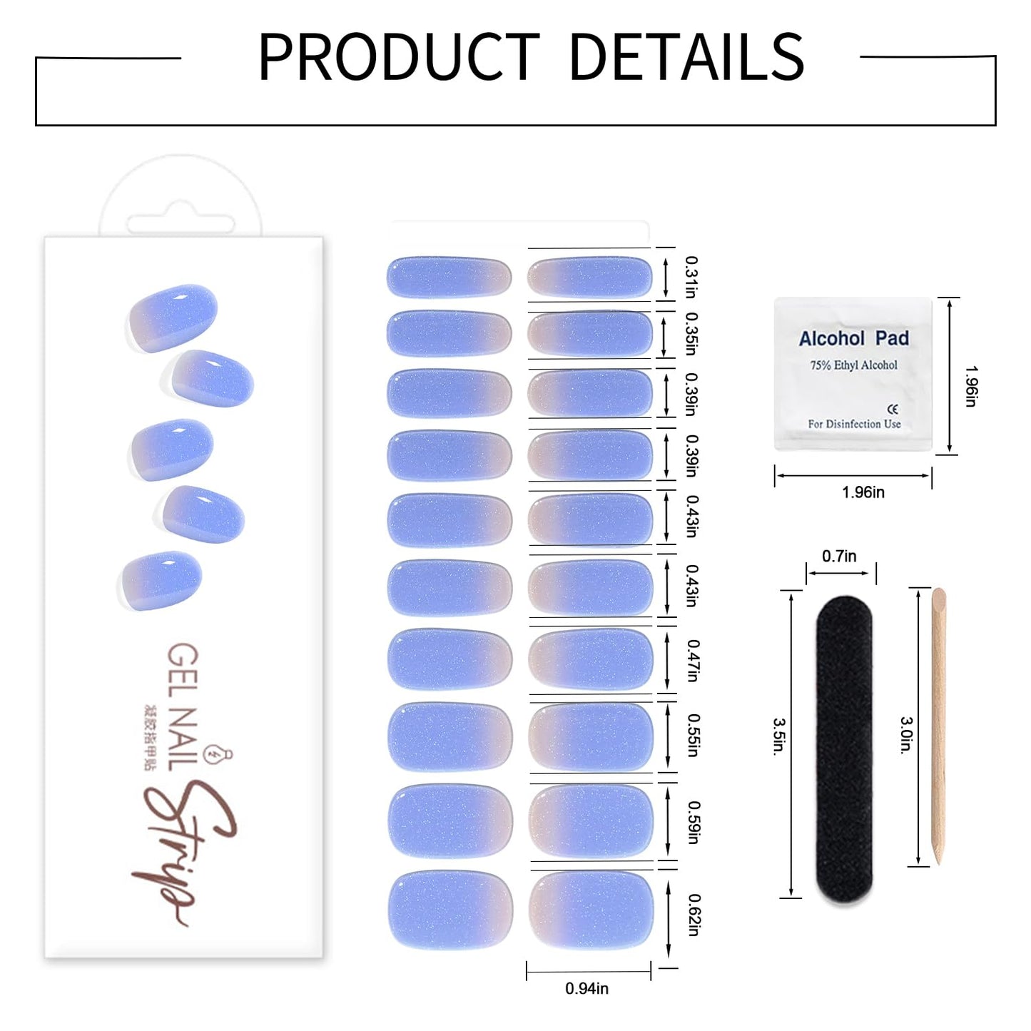 WOKOTO 1 Sheet Semi Cured Gel Nail Strips With Wood Stick, Nail File & Prepared Pads, 20 Tips Blue Gradient Glitter Semi Cured Nail Polish Strips, Harden With UV Light Gel Nail Stickers Wraps