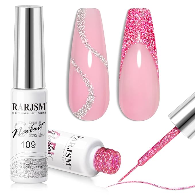 RARJSM Gel Liner Nail Art Reflective Glitter Gel Nail Polish Thin Brush Silver Neon Hot Pink Flash Diamond PaintedGel 2PCS Set Soak off Curing Requires 8ml for Home Salon Diy Nail Design Decoration