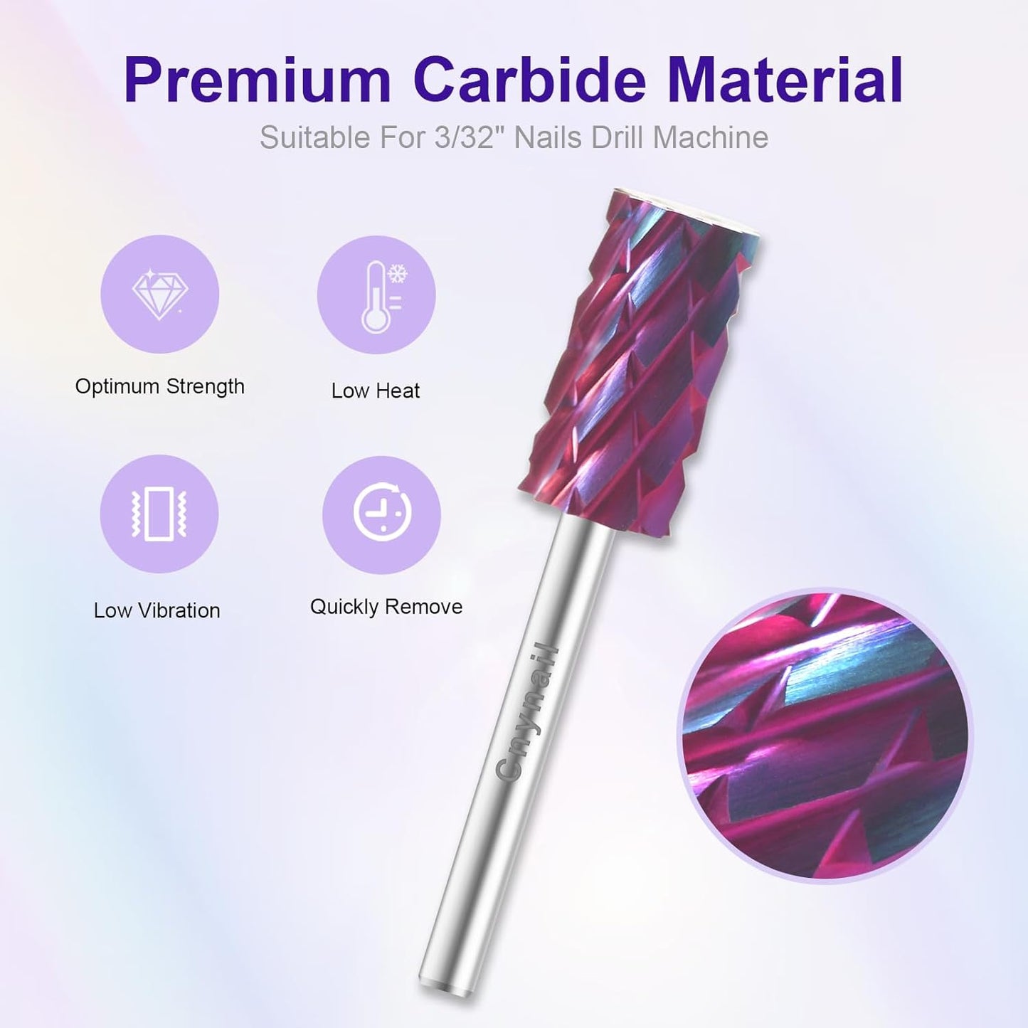 3/32" Large Barrel Bit Tungsten Carbide Nail Drill Bit Safety Bit for Gel & Acrylic Removal, Right Way Rotating Efile Tip, Salon Electric File Accessory (5XC Girt, Purple)