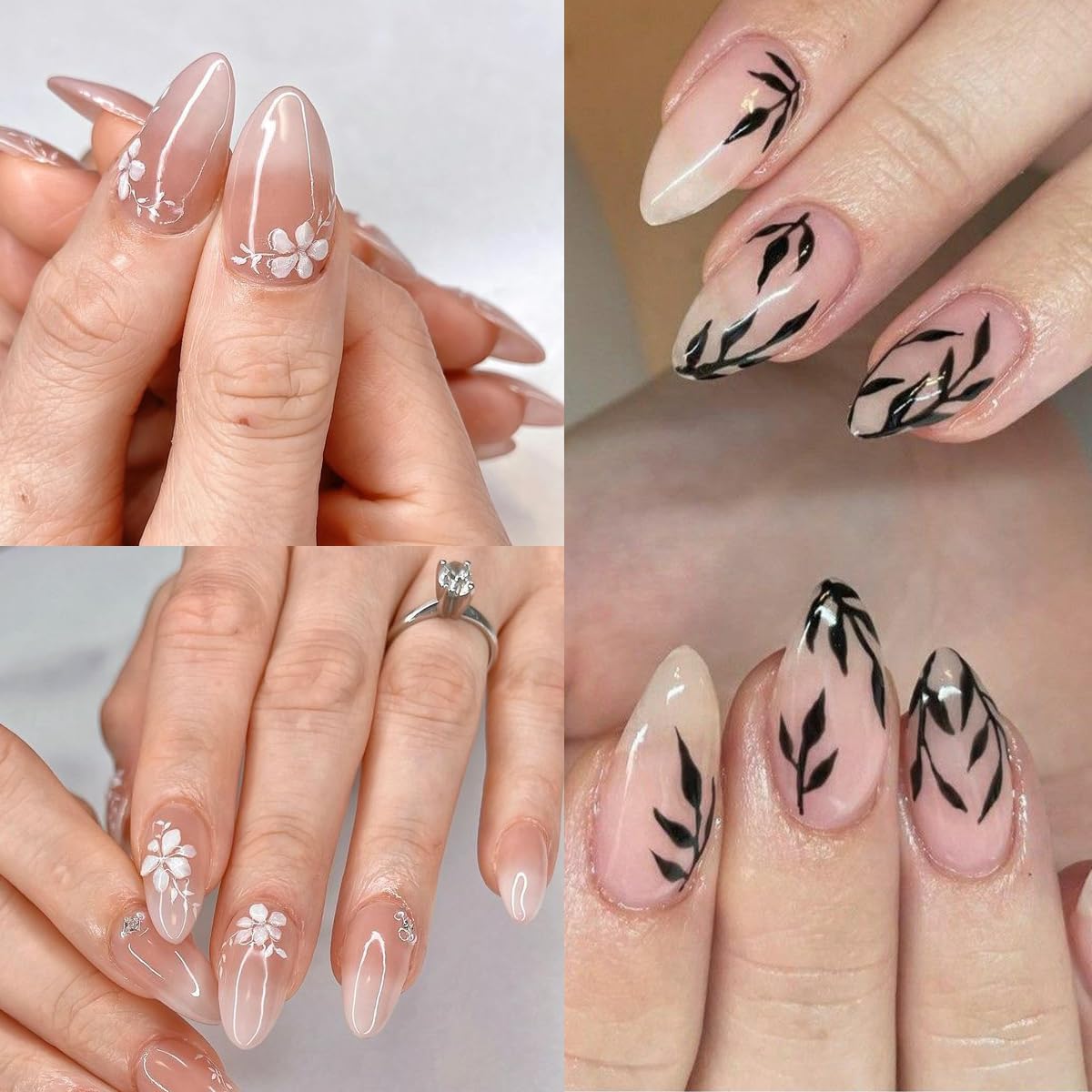 6 Sheets Floral Nail Art Stickers, Spring Leaf Nail Decals, 3D Self-Adhesive Nail Decoration Supplies for Daily Festival DIY Pink White Silver Black Gold Manicure Stickers