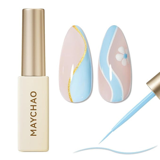 MAYCHAO Baby Blue Swirl Gel Liner Nail Art Polish, 8ml Spring Summer Pastel Light Blue Gel Color Built-in Thin Brush, UV Light Cure for French Nail Tips DIY Manicure at Home Salon