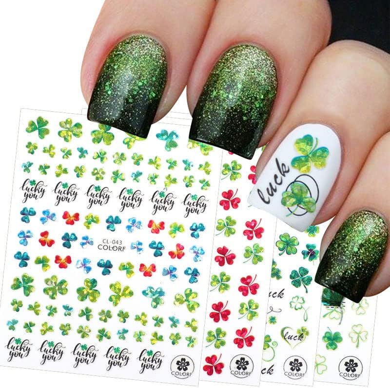 St. Patrick’s Day Nail Art Stickers Shamrock Nail Stickers 3D Self-Adhesive Luck of The Irish Nail Decals Leprechaun Shamrock Nail Deisgn for Women Girls Green Nail Art Supplies Decoration 6sheets