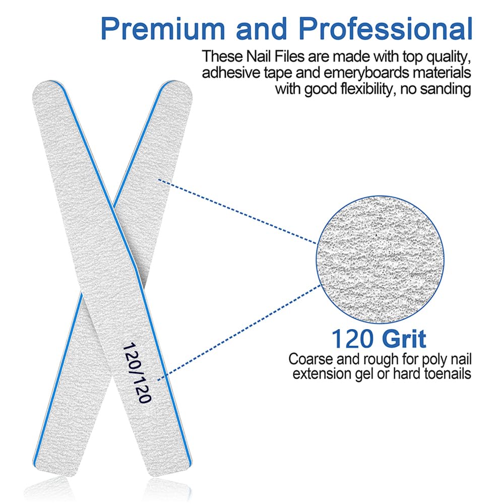 120/120 Grit, 12pcs Nail File for Poly Nail Extension Gel Emery Boards, for Acrylic Nails Coarse for False Nails Manicure Pedicure Tools for Home Salon