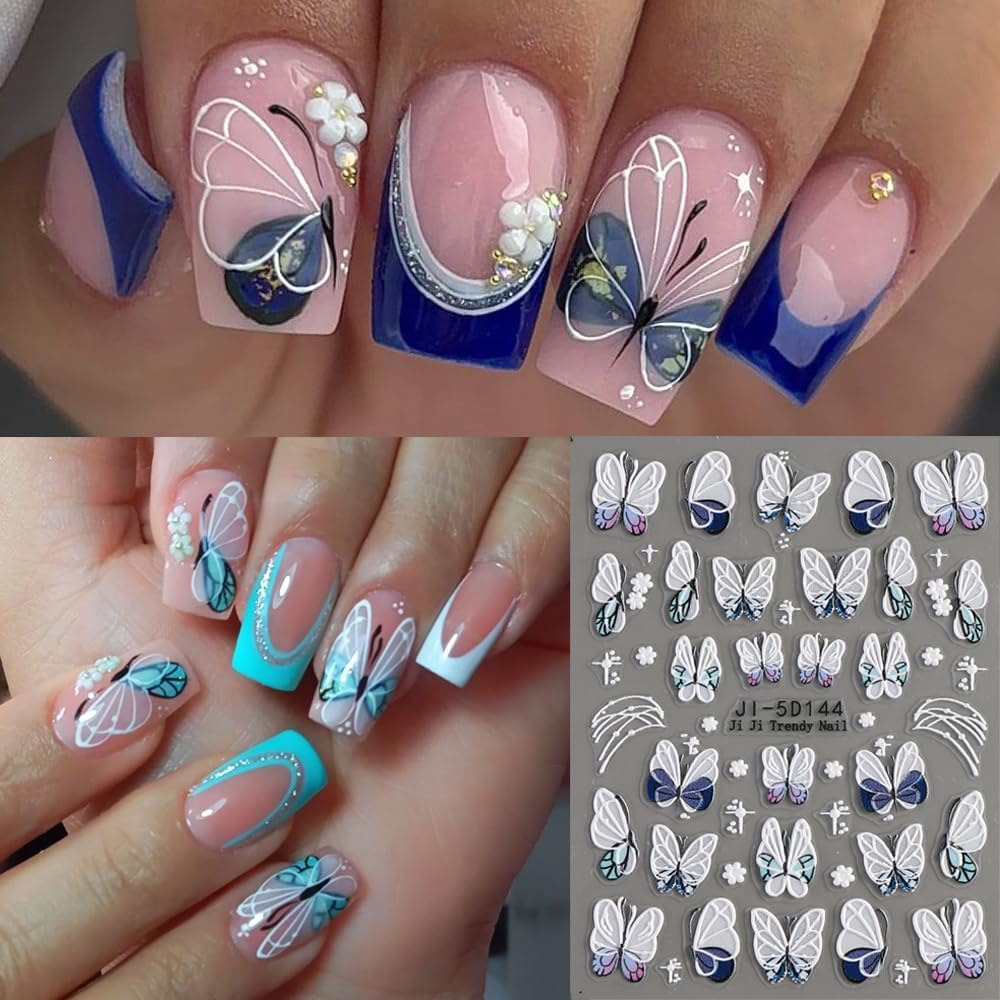 5D Embossed Butterfly Nail Stickers, 3 Sheets Self-Adhesive Nail Decals White Pink Purple Butterfly Daisy Flowers Designs Nail Decorations DIY Manicure Supplies for Women Girls&Kids