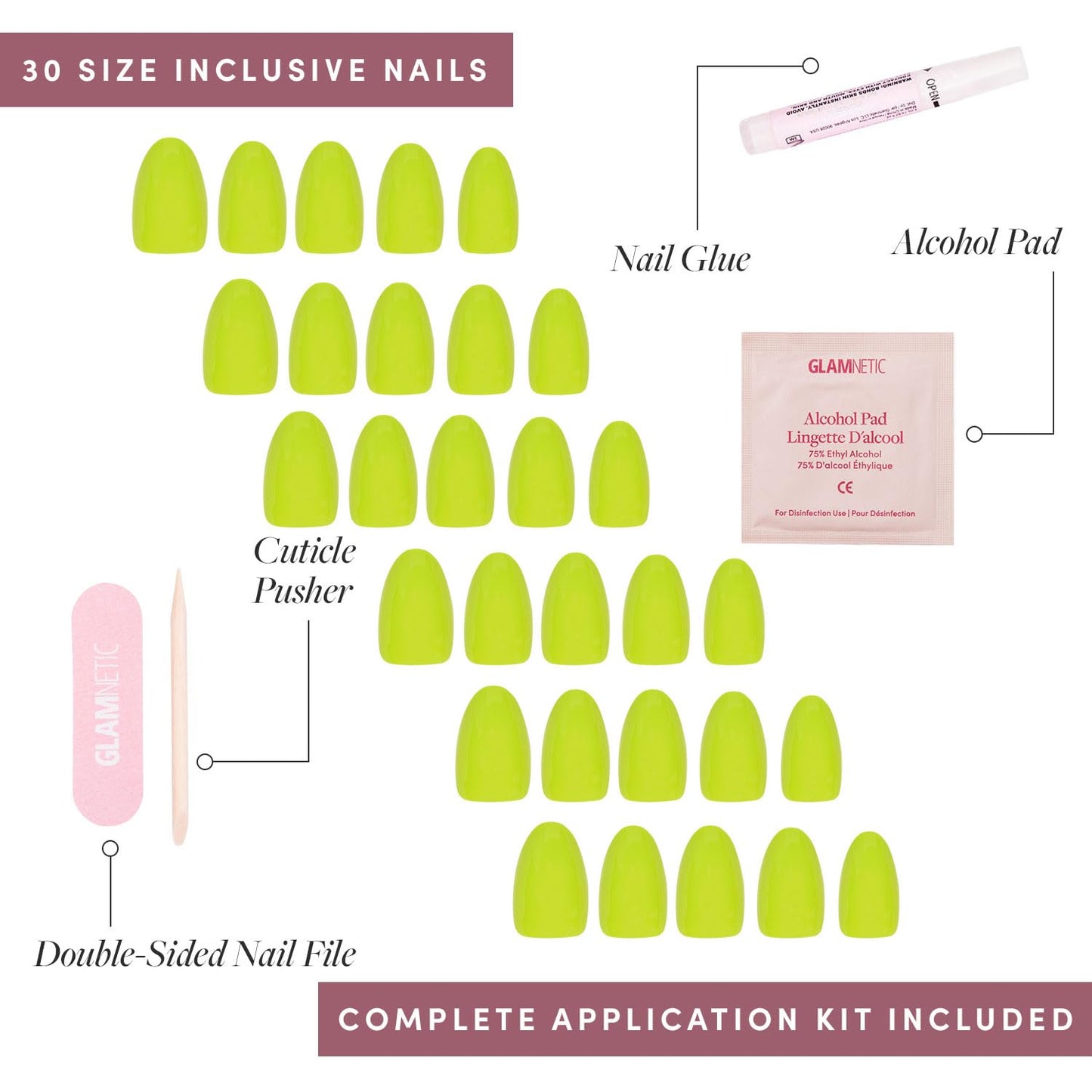Glamnetic Press On Nails - Lime Green | Opaque Bright Neon Green Short Oval Fake Nails, Salon Quality | 15 Sizes - 30 Nail Kit