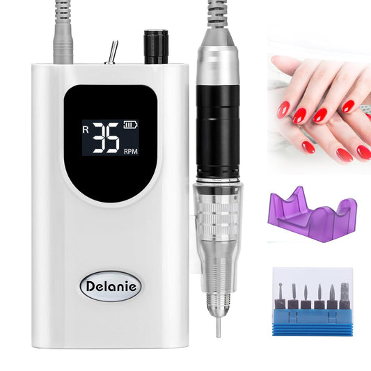 Delanie Electric Nail Drill Professional 35000 RPM Rechargeable Portable E-File for Nail Tech, White