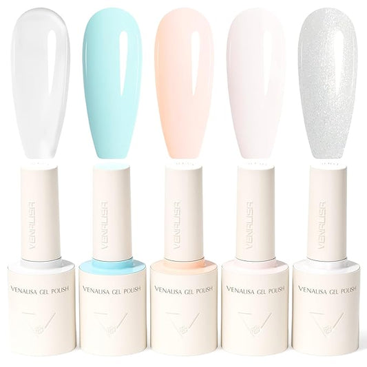 VENALISA 10 ML White Gel Nail Polish Set with DIY Nail tips Kit, 5Pcs White Blue Baby Pink Red Glittle Pastel Gel Polish Color High Gloss Soak Off U V Nail Manicure Salon DIY