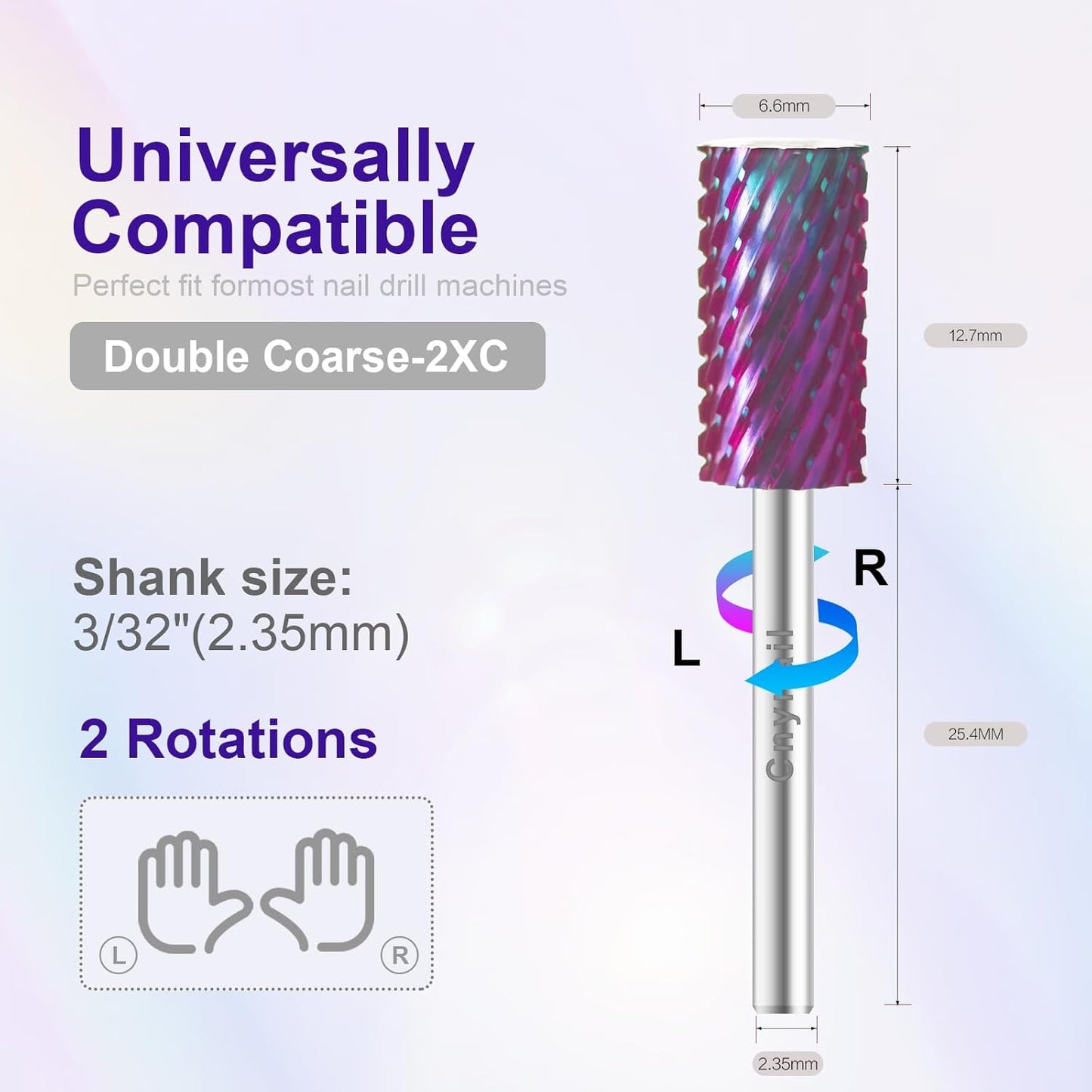 3/32" Large Barrel Bit Tungsten Carbide Nail Drill Bit Safety Bit for Gel & Acrylic Removal, 2- Way Rotating Efile Tip, Salon Electric File Accessory (XXC Girt, Purple)