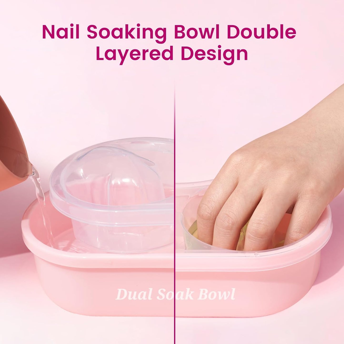 Dual Nail Soaking Bowl Acetone Proof: 2-in-1 Dip Powder Gel Nail Polish Remover Soak off Bowl for Women - Time-Saving Acrylic Nail Remover Kit for Home Salon (Big Size, Rose)
