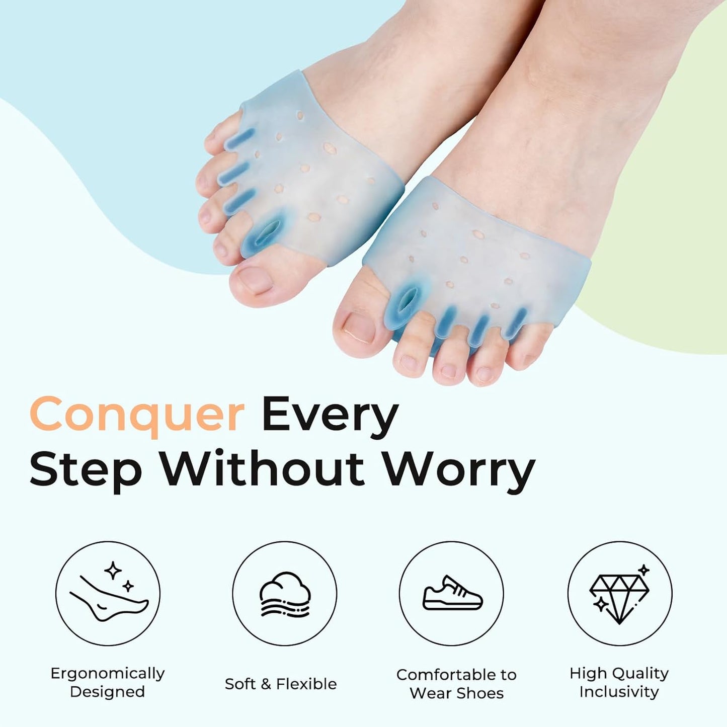 Silicone Toe Separators for Women & Men, 4 Packs Toe Separators Bunion Corrector Cushion, Breathable Soft and Comfortable Gel Foot Cushions, Multiple Colors (4 Pairs)