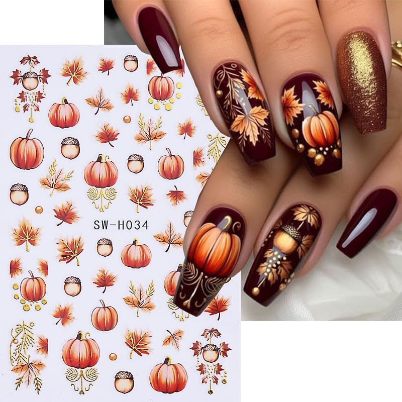 8 Sheets Fall Nail Art Stickers 3D Self-Adhesive Autumn Nail Stickers Maple Leaf Pumpkin Designs Sticker Nail Art Supplies Thanksgiving Nail Decals for Women Girls Acrylic DIY Manicure Decorations