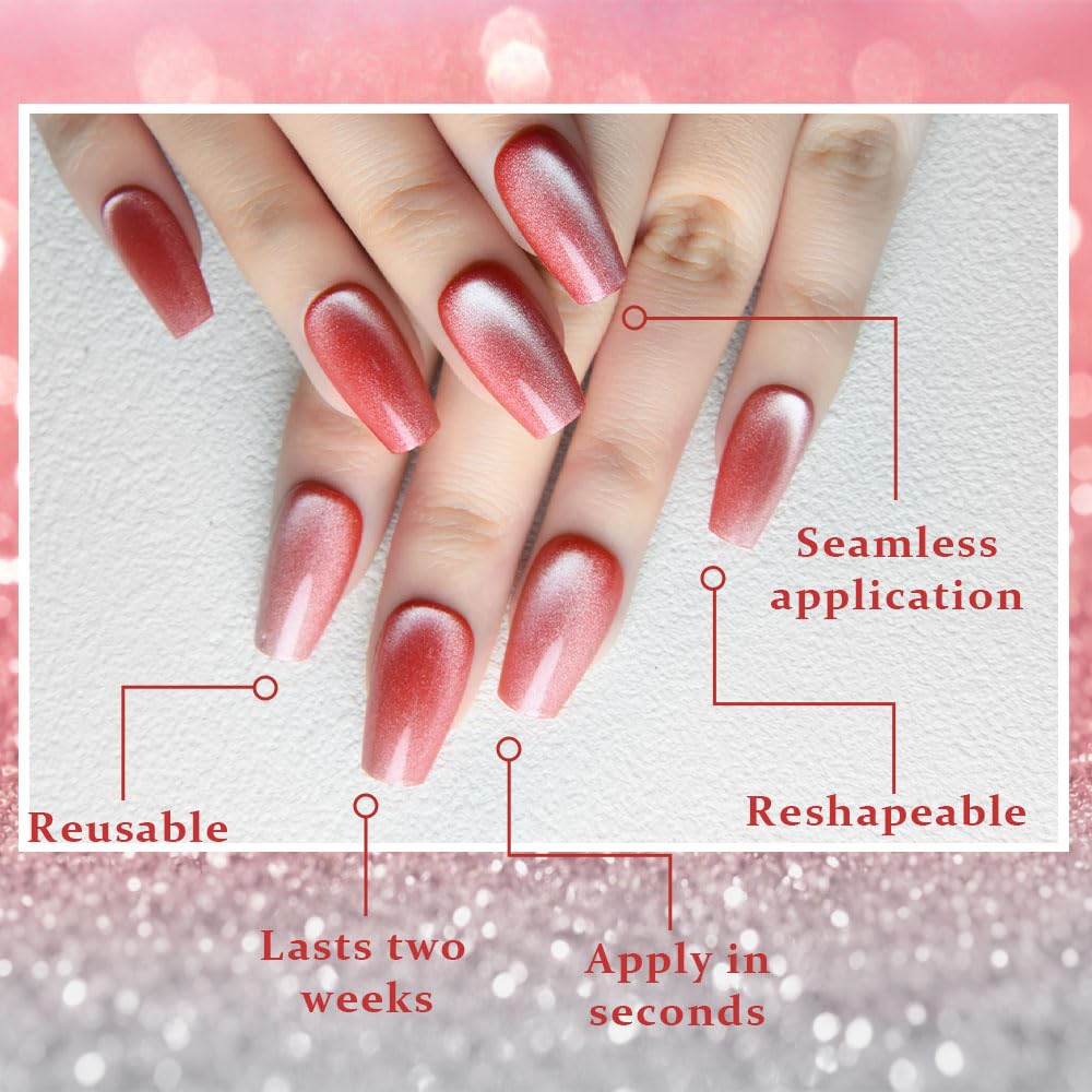 evpct Red Pink Cat Eye Coffin Press on Nails Square Medium, Medium Square Glue on Nail for Women Gift, Red Pink Metallic Glitter Glossy Reusable Summer Soft Gel Press on Acrylic Fake Nail with Designs