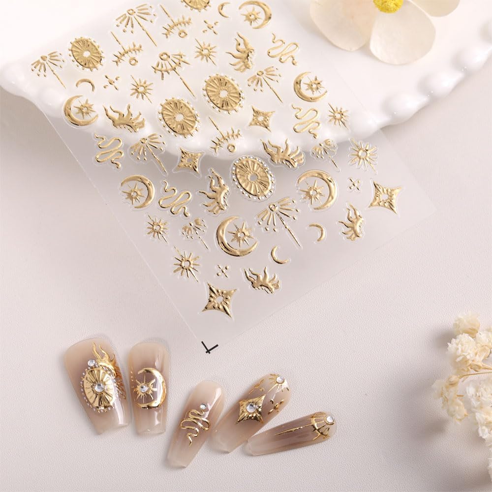 3D Celestial Nail Art Stickers, Gold and Silver Moon Star Design, Self-Adhesive Decals for DIY Nail Decoration, 2 Sheets