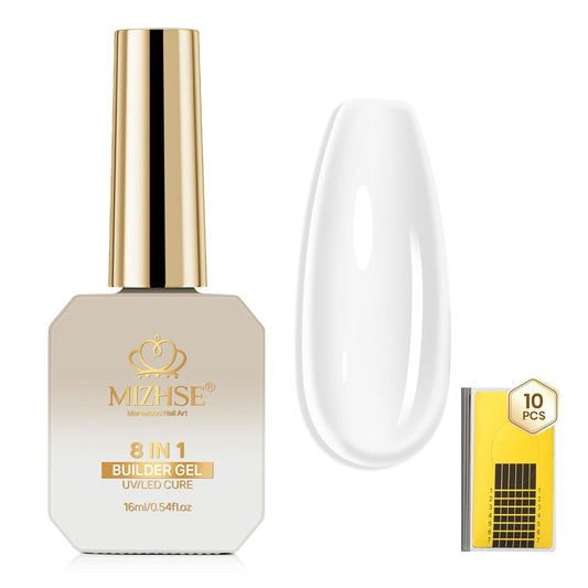 MIZHSE Builder Gel for Nails, 8-in-1 Clear Hard Builder Nail Gel Strengthener Gel Thickening Extension Rhinestone Glue in a Bottle for Nail Salon LED & U V Lamp Needed 16mL