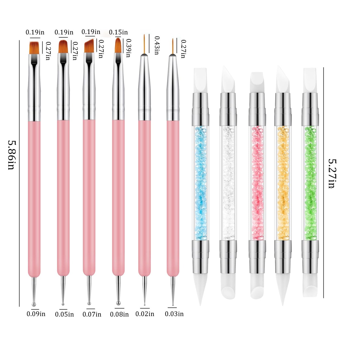 11PCS Nail Art Brushes & Nail Dotting Tools,Double Ended Tipped Silicone Nail Tools,Gel Polish Brush,Liner Brush,Dotting Pen for Home Salon DIY Kit (Pink)
