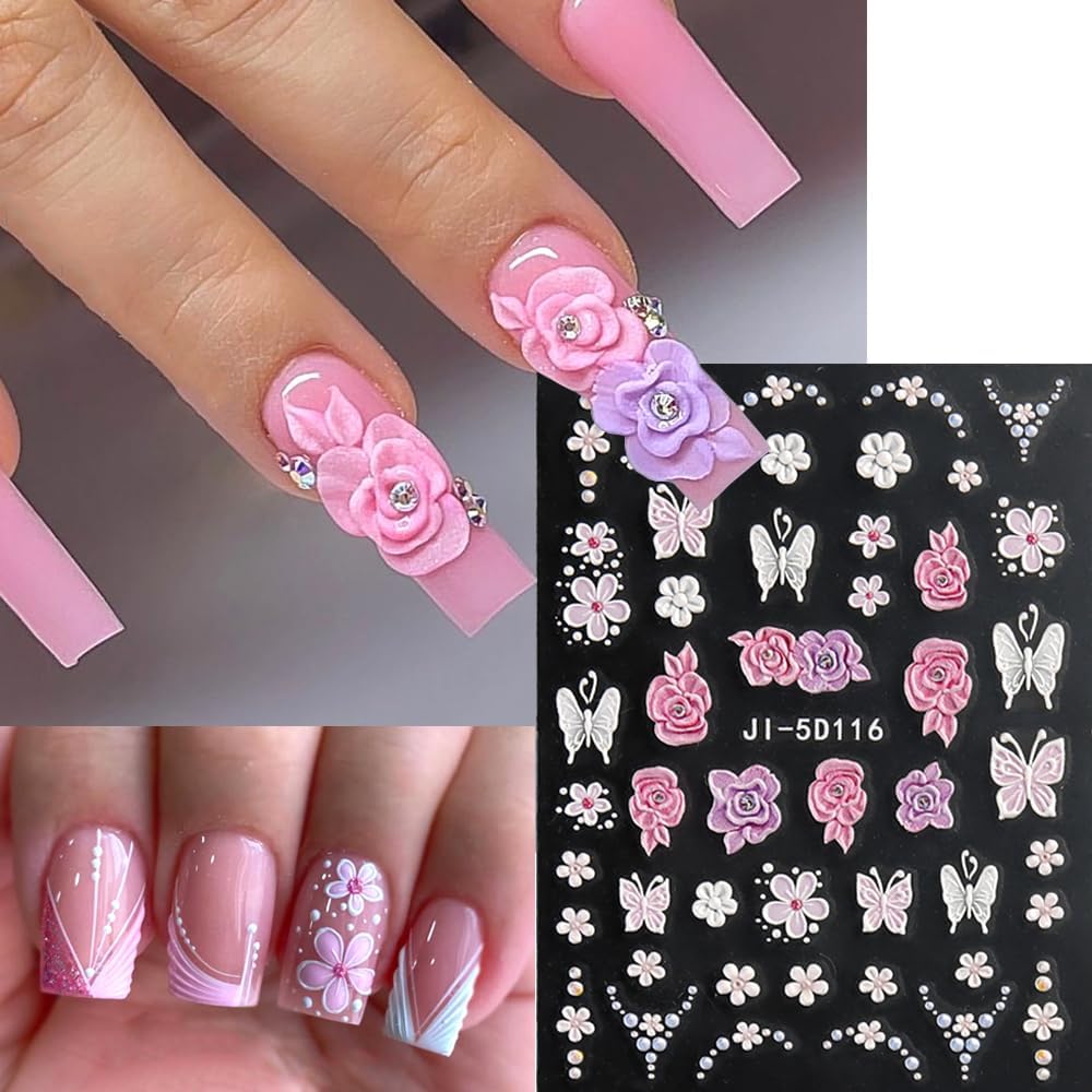 5D Embossed Flowers Nail Stickers, 4 Sheets Self-Adhesive Colorful Summer Floral Nail Decals Hibiscus Rose Butterfly Nail Art Design Manicure Decoration Accessories for Women Girls