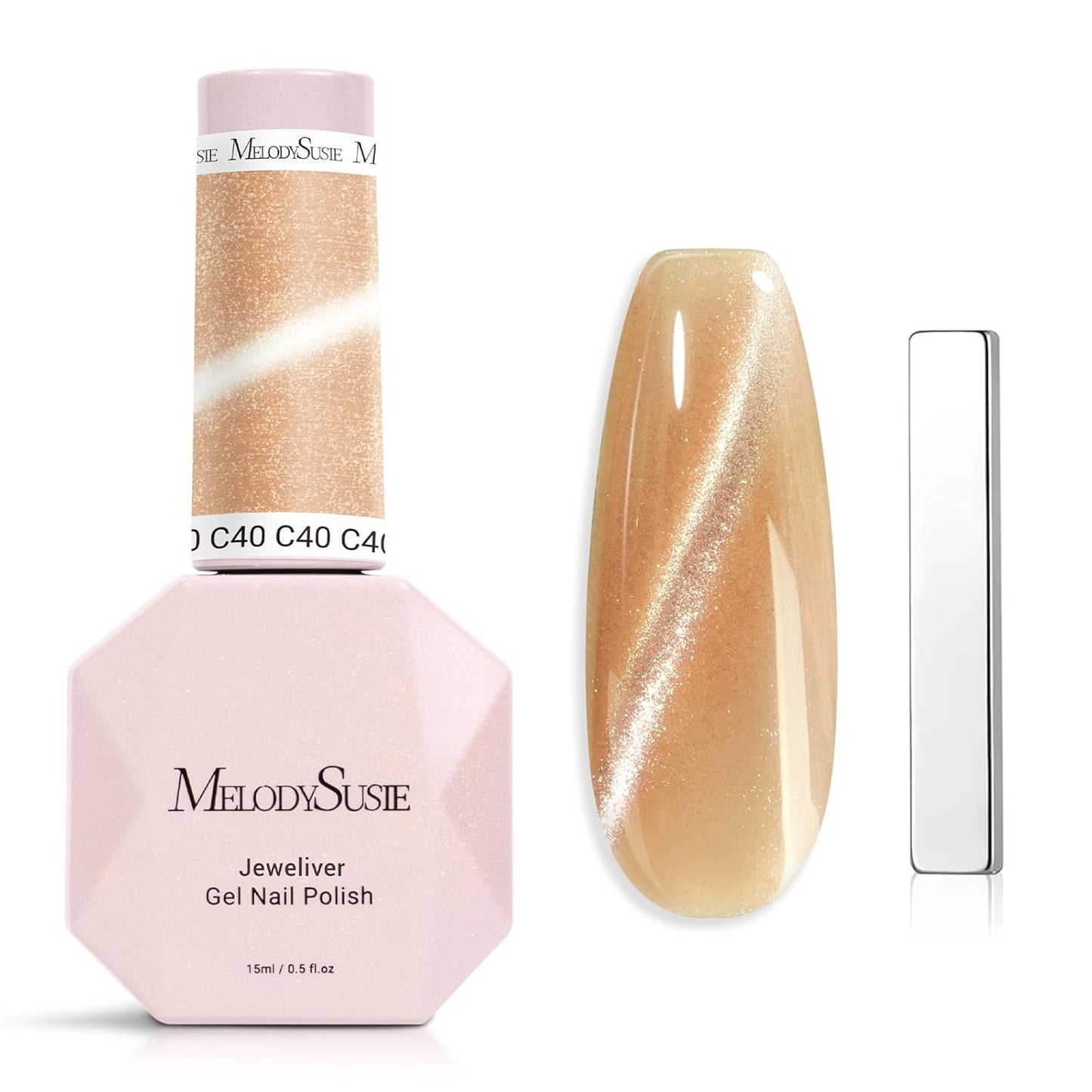 MelodySusie Jeweliver Cat Eye Gel Nail Polish, 0.5 Fl Oz Nude Glitter Holographic Magnetic Nail Polish with Magnet, UV Nail Polish for Nail Art Manicure Salon DIY at Home C40