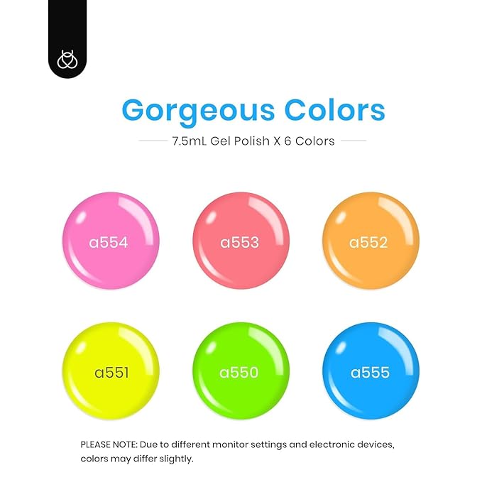 Beetles Halloween Gel Nail Polish Set, Bright Rainbow Collection 6 Colors Hot Pink Blue Yellow Green Soak Off UV LED Neon Gel Nail Polish Kit Gift for Women