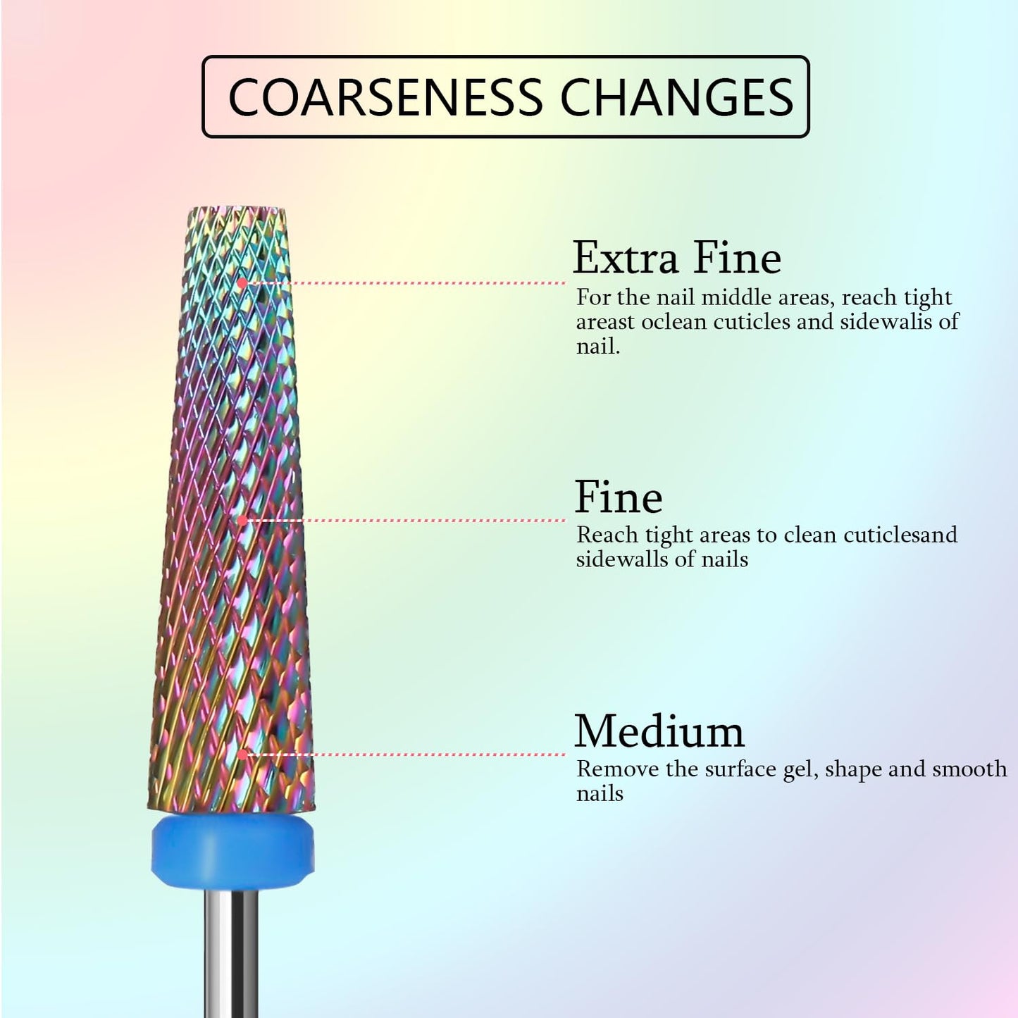 Super Long 5 in 1 Nail Drill Bits, Professional 3/32'' Carbide Tungsten Two Way Rotary Nail Cleaner Nail Bits, Suitable for Manicure Pedicure Cuticle Gel Polishing Acrylic Nails(Rainbow, Medium-M)