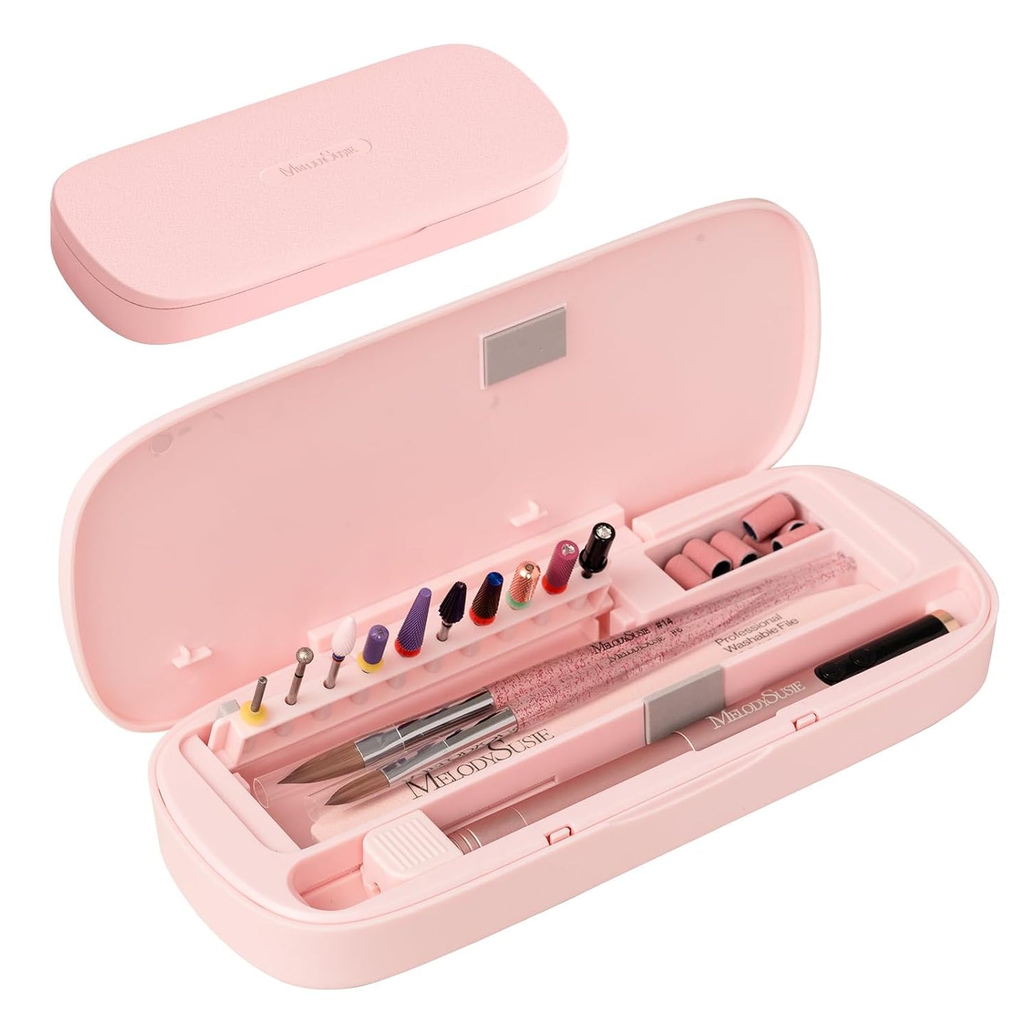 [2025 Upgraded]MelodySusie Acrylic Nail Tool Storage Box,Portable Dustproof Stand Displayer Holder Organizer Container Manicure Efile Accessories Nail Drill Kit Case,Travel Salon Home,Pink(Only Box)