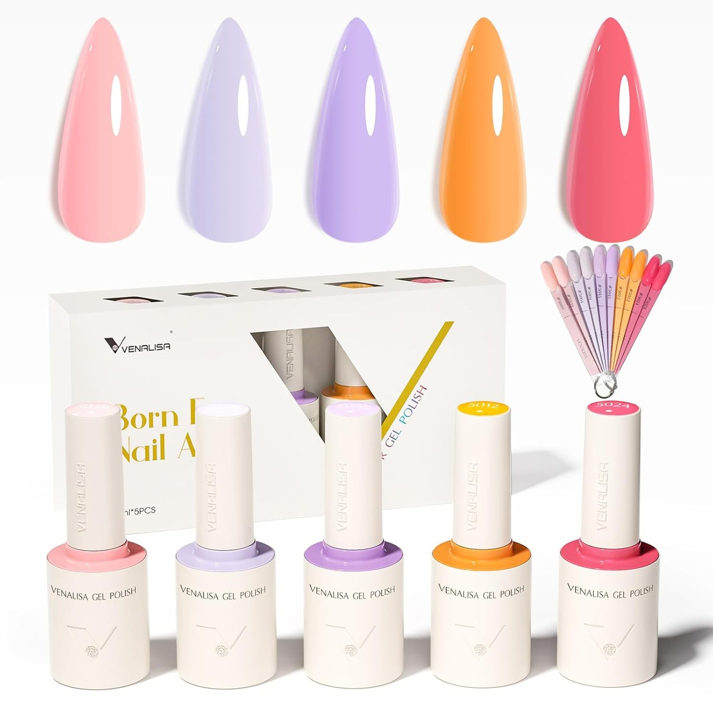 VENALISA Gel Nail Polish Set, 5 Colors 10ML Gel Polish Kit Purple Coral Pink Orange Color Soak Off Salon Manicure DIY at Home Nail Art For Girls Women