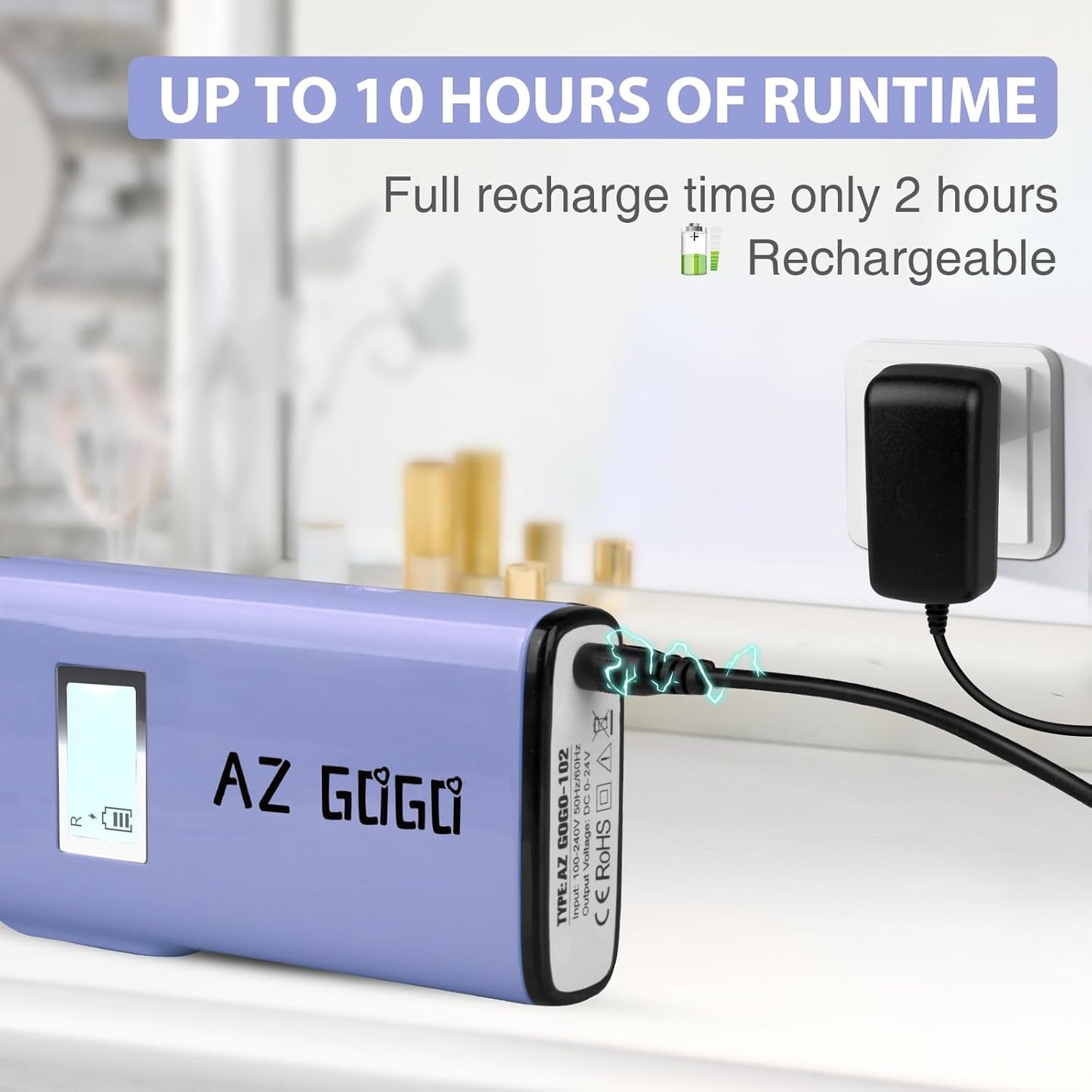 Rechargeable Nail Drill Machine, AZ GOGO 30000RPM Professional Portable Nail Drills for Acrylic Gel Nails - Cordless Electric Nail Drill with LCD Display (Purple)