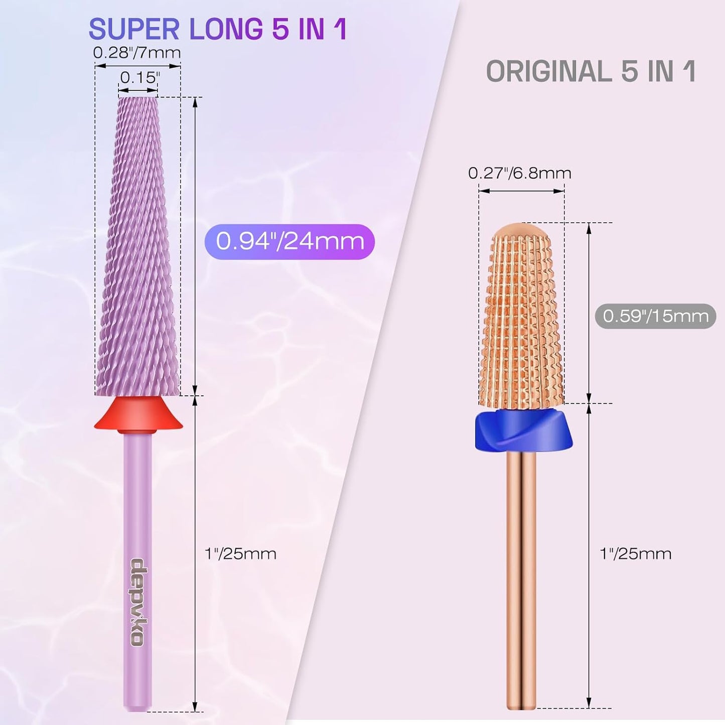 Depvko Super Long 5 in 1 Nail Drill Bits,Carbide Nail Drill Bit,3/32" Two Way Rotate Professional Drill Bit Nails,Nail Bits Fast Remove Acrylic or Gel for Manicure,Pedicure,Nail Art (Fine-F, Purple)