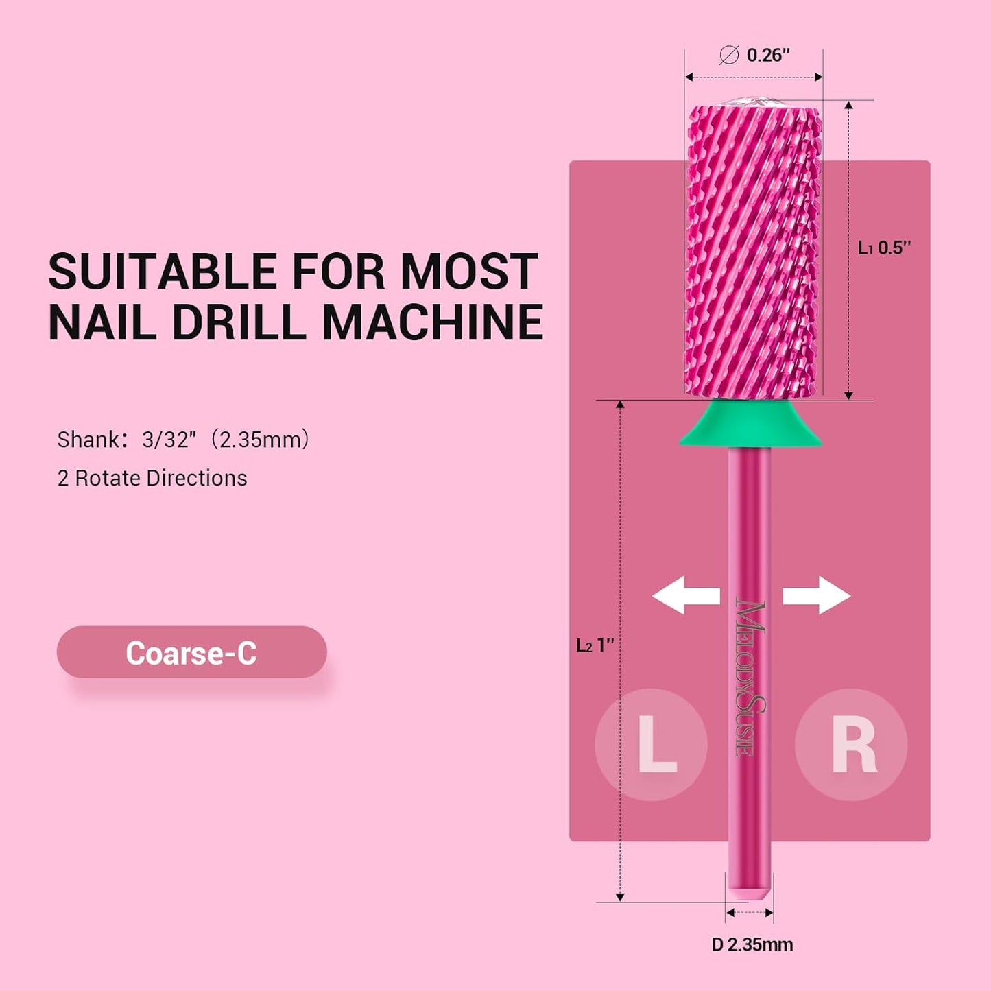 MelodySusie Large Barrel 3/32'' Tungsten Carbide Nail Drill Bit, Crystal Top Pink Heart Shape, Fast Remove Acrylic Gel, Cuticle Gel Polishing for Manicure Pedicure, Pink Blossom, Series Bit-S, Coarse