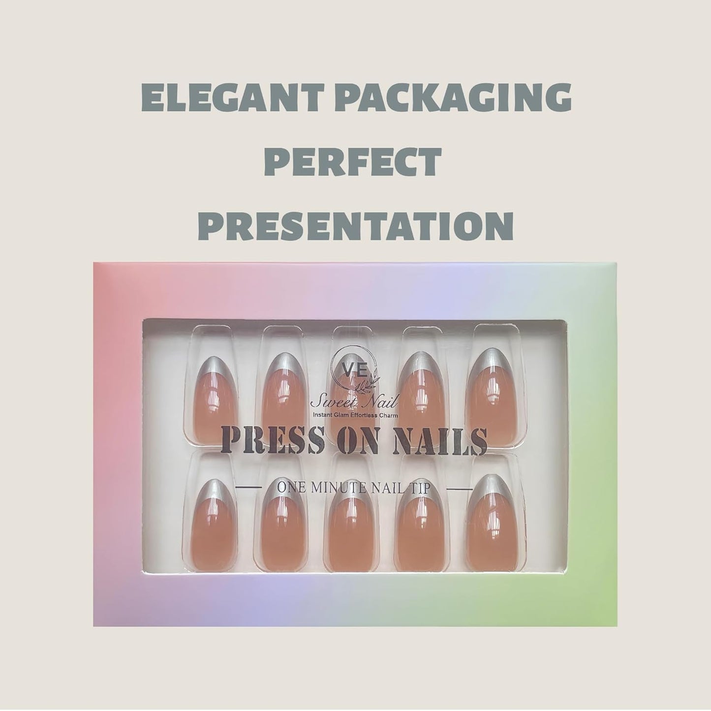 Press on Nails – Short Almond Silver French Tip Fake Nails, 30pcs in 15 Sizes, Durable & Reusable Glue-on Nails for Women & Girls, Elegant Design for Any Occasion