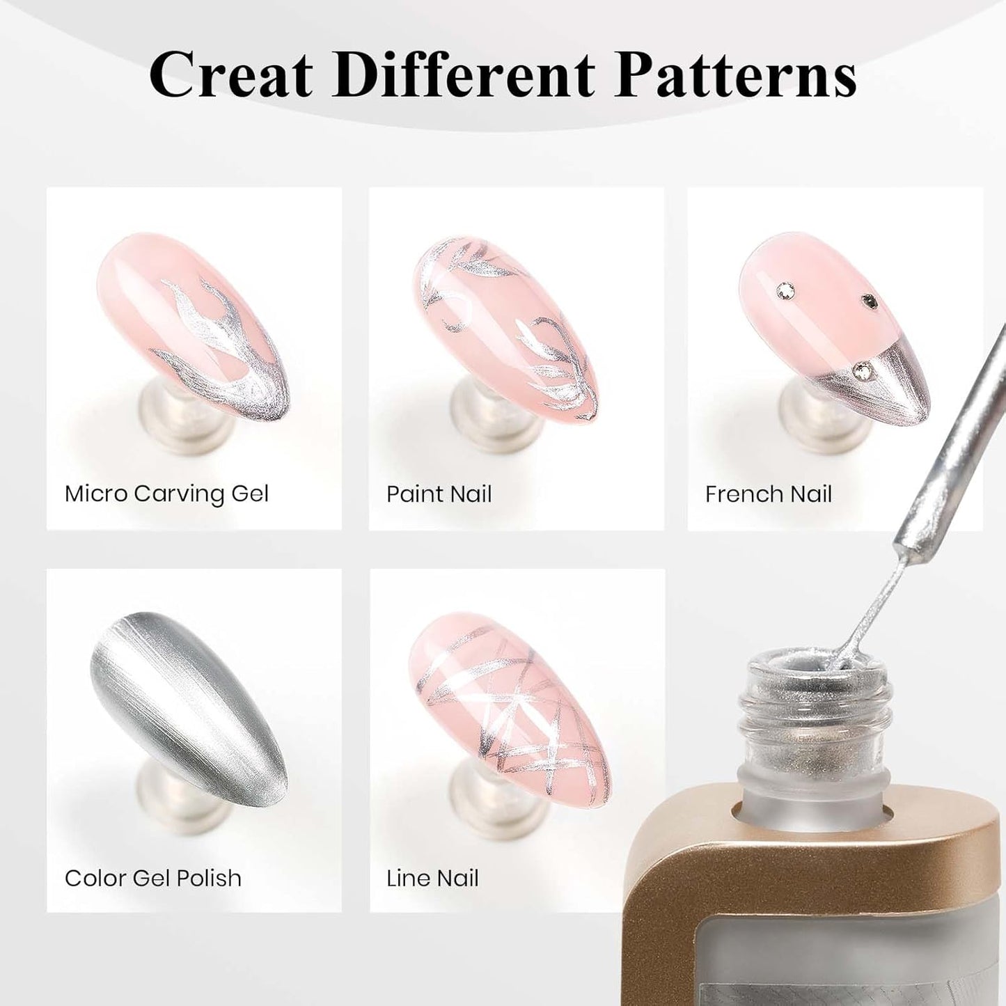 Nail Polish Liner Silver, Air Quick Dry, Chrome Metallic Nail Lacquer Non Gel liner Nail Art, Glitter Build in Thin Brush for Nail Design Polish Nail Decoration Dotting Painting, 12ML