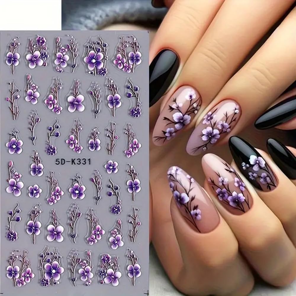 5D Embossed Branch Flowers Spring Nail Art Stickers Purple Flower Nail Stickers Colorful Floral Nail Decals 3 Sheets Flowers and Plants Nail Designs for Women Girls DIY Nail Art Supplies