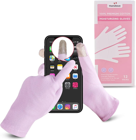 HandLove Premium 100% Cotton Gloves | Moisturizing Gloves for Dry Hands & Eczema | Overnight Sleeping Gloves, Eczema Gloves | Touchscreen | Touch Purple, 12 Pairs