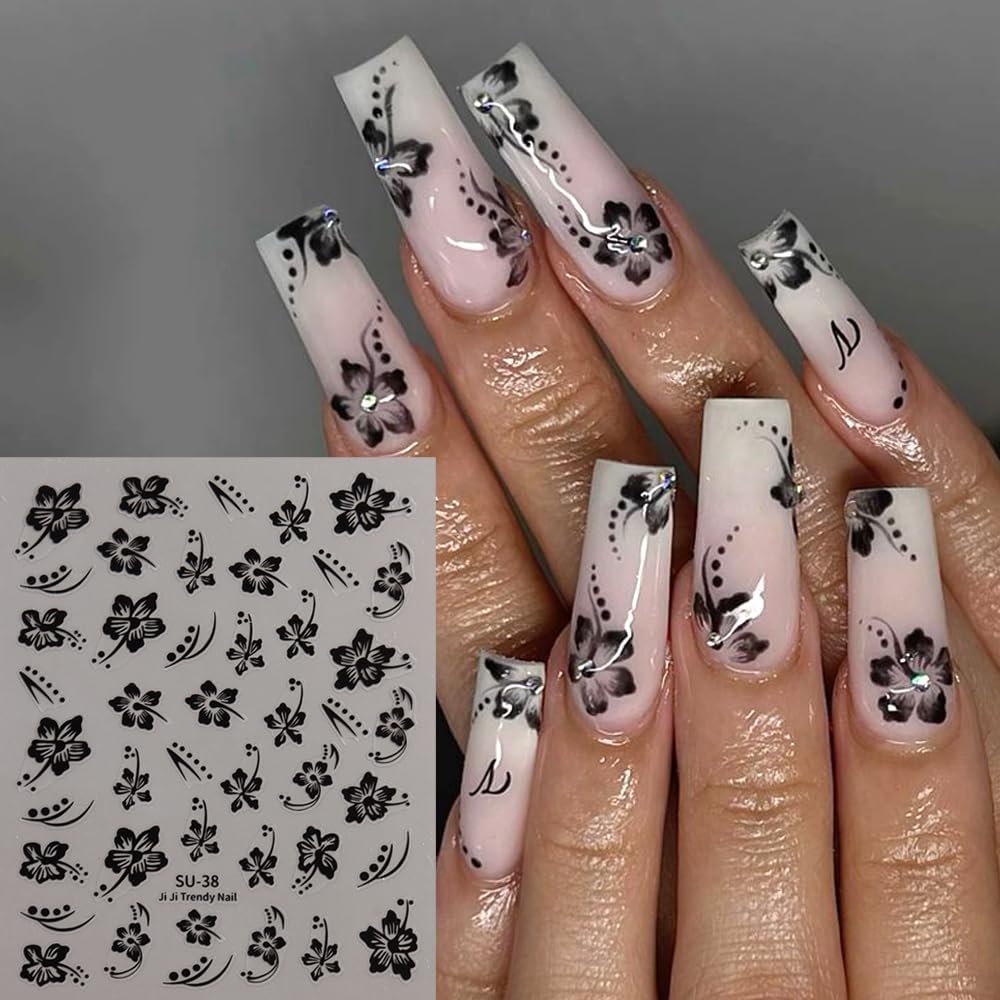 6 Sheets Flower Nail Stickers, Hibiscus 3D Self-Adhesive Nail Decals Blue Yellow White Pink Gold Floral Petal Tropical Leaf Designs DIY Manicure Supplies for Women Girls