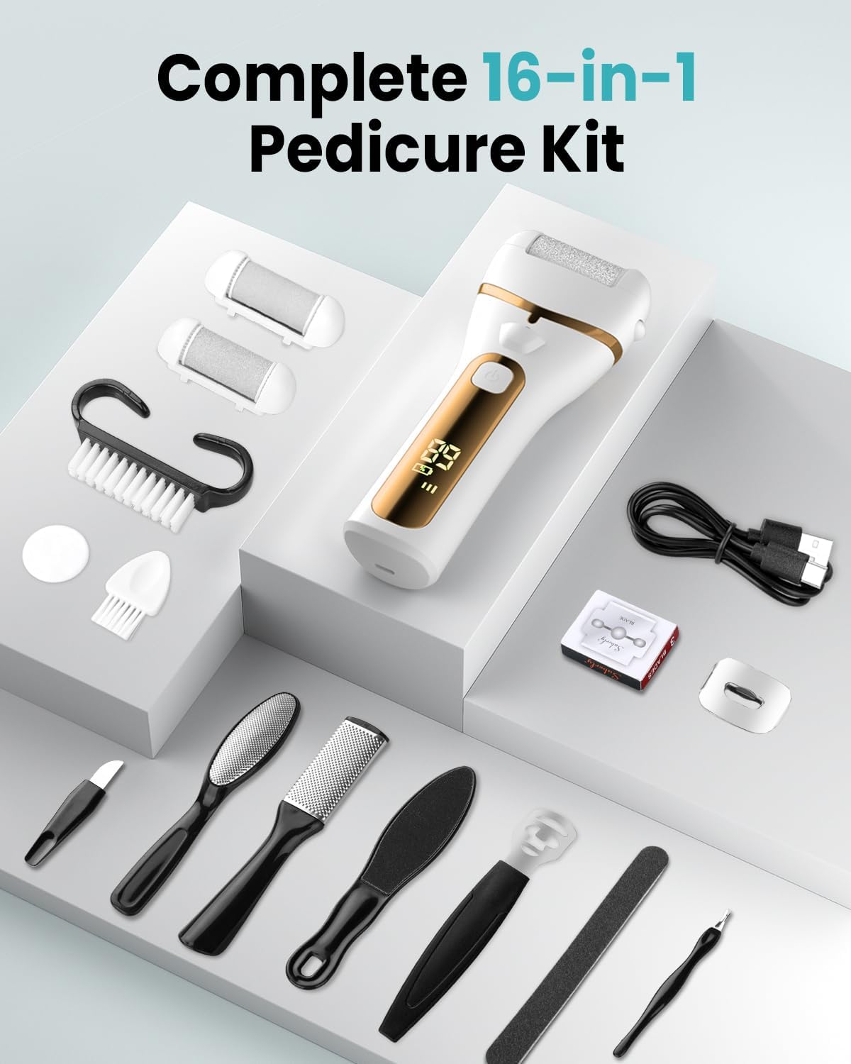 PUBOO Foot Callus Remover Electric 10000 RPM 3-Speed IPX7 Rechargeable Pedicure Kit for Hard Skin Women & Men. Portable Multi-Roller File Grinder Sander Scrubber with LED Display for Wet & Dry Feet