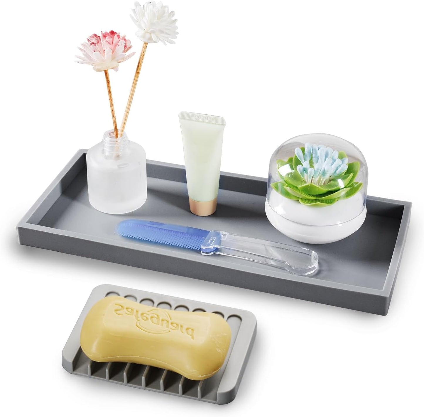 Bloss Silicone Tray Set for Bathroom/Kitchen - 15.7" Bathroom Soap Dispenser Tray and Soap Holder, Silicone Vanity Trays Countertop Organizer for Scrubber, Perfume, Jewelry, Candle Tray