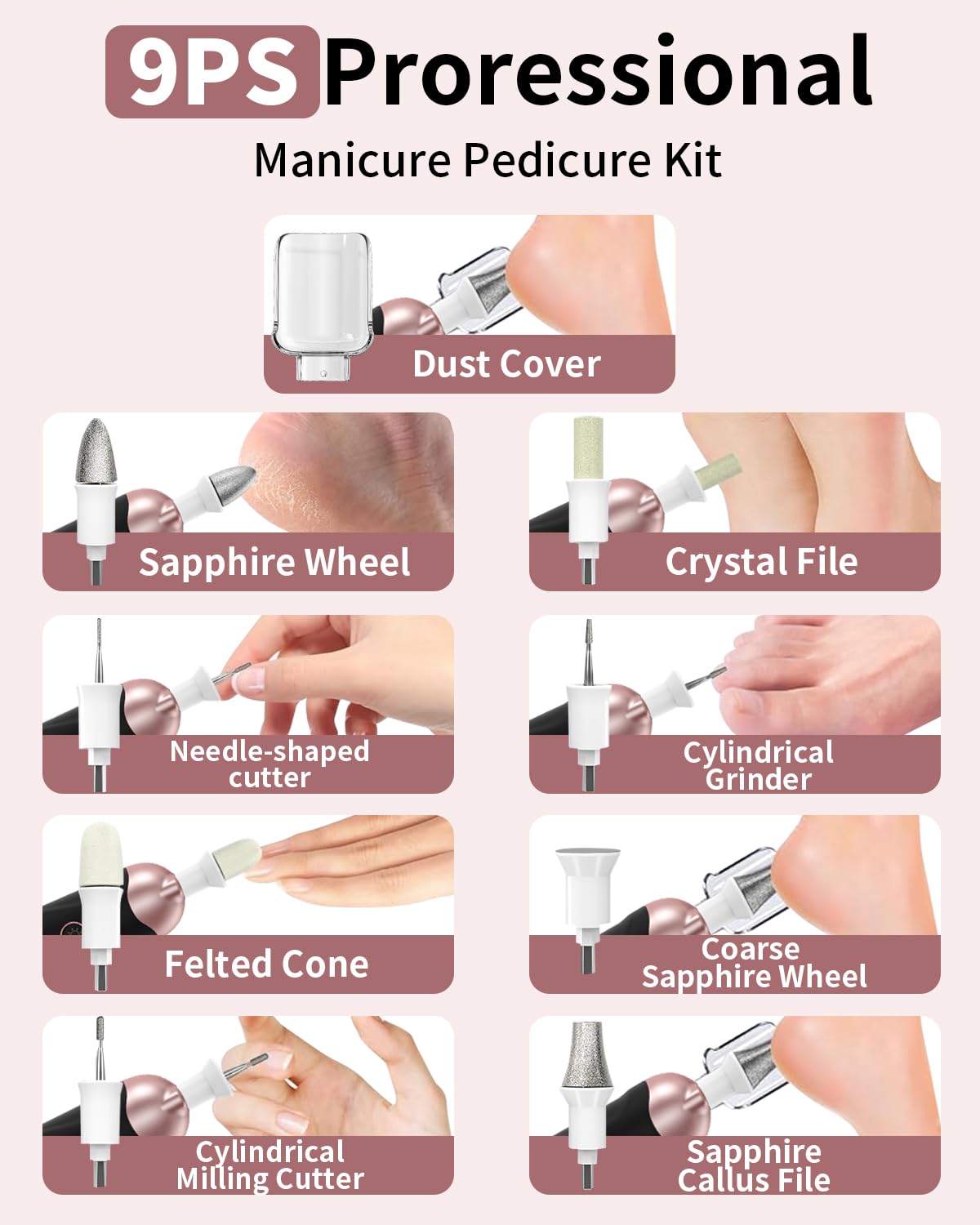 9pcs Nail Drill Bits Sets with 50Pcs File Sanding Bands, Professional Rotary Cuticle Remover Bits Kit Cuticle Remover Bits for Acrylic Nail Manicure Pedicure Tools