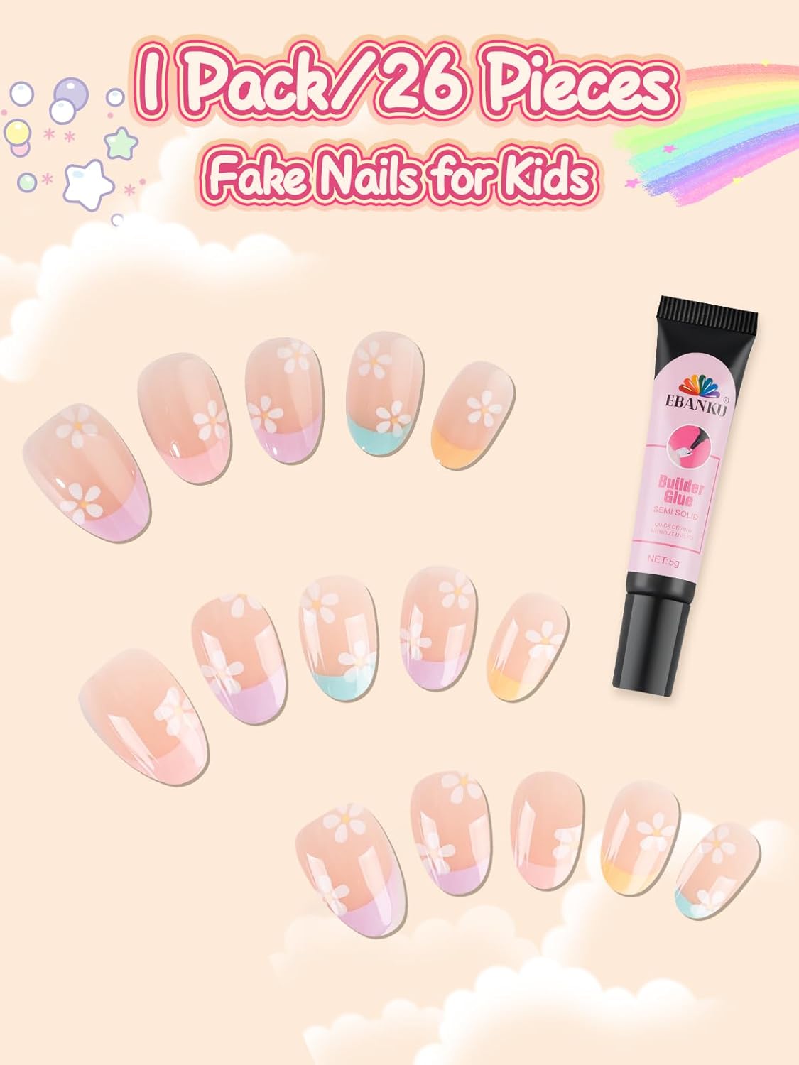 EBANKU 26 Pcs Press on Nails for Girls, Flower Fake Nails for Kids 5-12 Years False Nails Kit with Nail Glue, Short Full Cover Nails Tip for Child