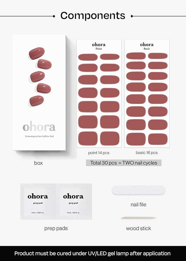 ohora Semi Cured Gel Nail Strips (N Cream Rose) - Brown, Solid, Works with Any UV/LED Lamps, Salon-Quality, Long Lasting, Easy to Apply & Remove - Includes 2 Prep Pads, Nail File & Wooden Stick