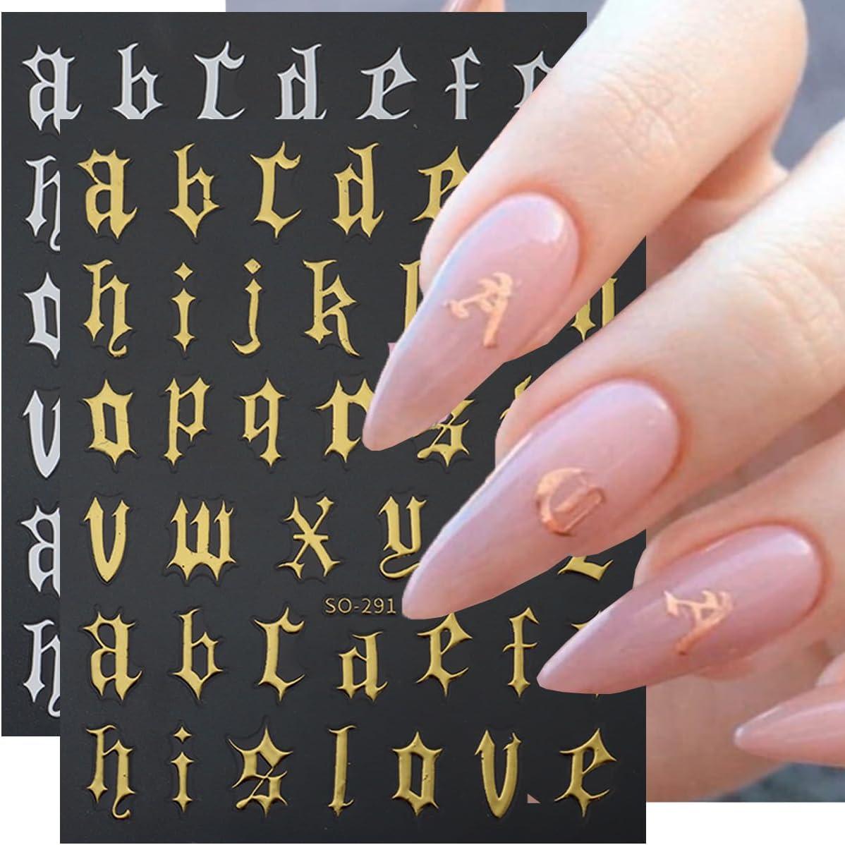 8 Sheets Old English Letters Nail Stickers for Nail Art Personalized Alphabet Nail Art Stickers Decals 3D Self-Adhesive Black White Gold Silver Nails Design Sticker for Women DIY Nail Tips Supplies