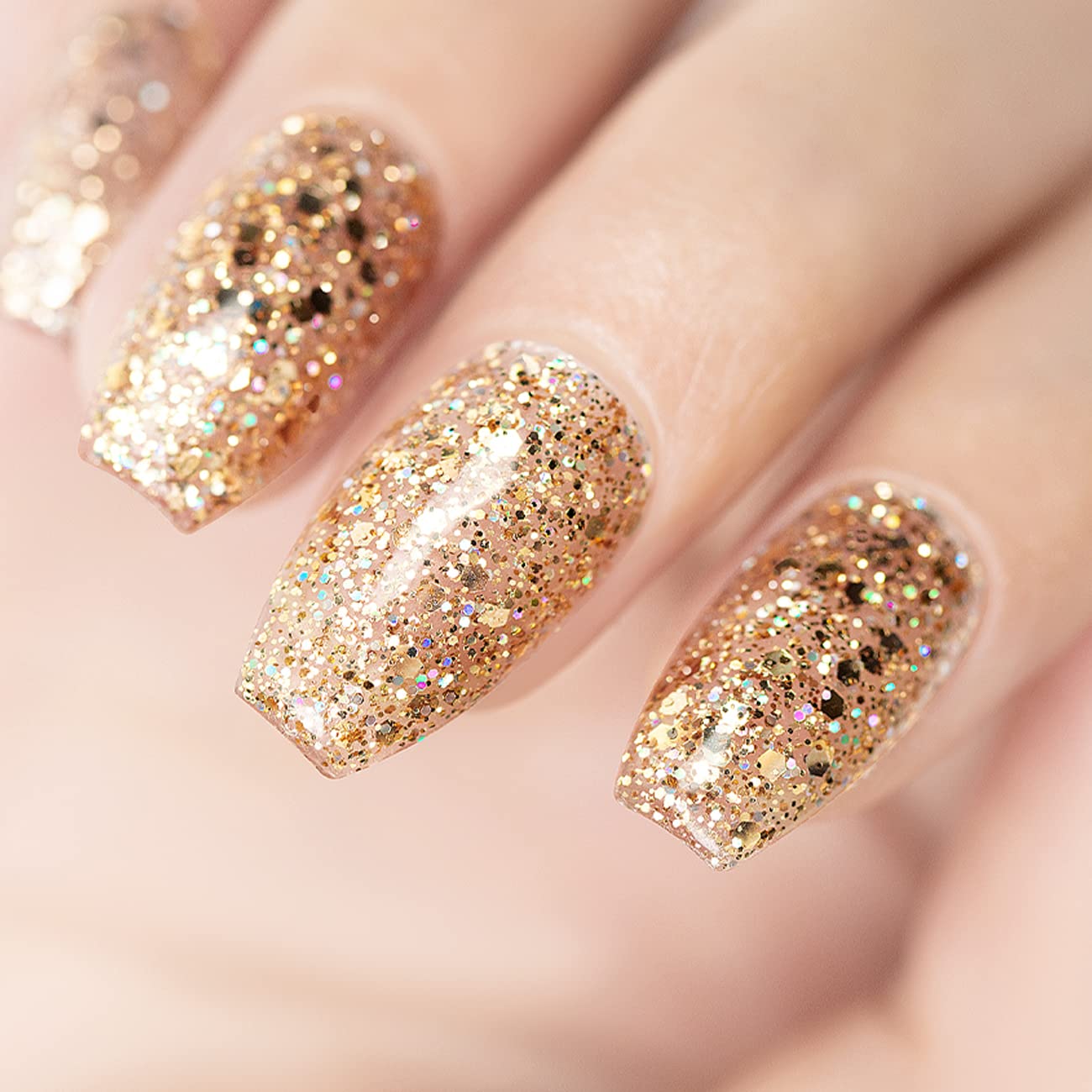 RARJSM Champagne Gold Glitter Gel Nail Polish Sparkly Iridescent Rainbow Shimmer Holographic Gelpolish Soak off L e d U V Curing Required High Pigments Gel for Home Salon Manicure Nail Art 15ml