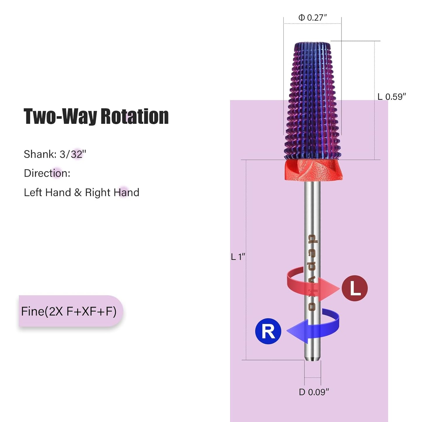 Depvko Super Long 5 in 1 Nail Drill Bits, 3/32'' Carbide Tungsten Bits, Two Way Rotate Professional Advanced Safety Bits for Nail, Fast Remove for Manicure Pedicure (Classic 5in1-Purple, Fine-F)