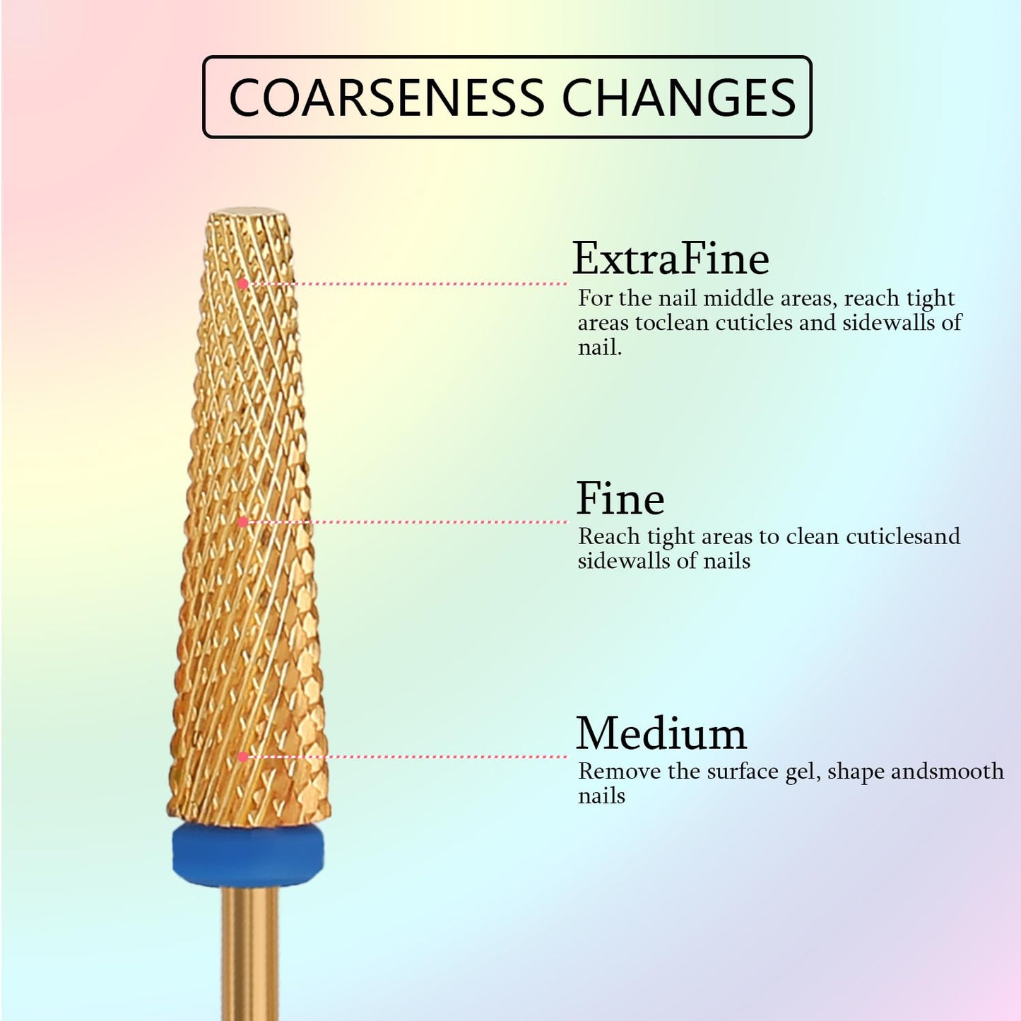 Super Long 5 in 1 Nail Drill Bits, Professional 3/32'' Carbide Tungsten Two Way Rotary Nail Cleaner Nail Bits, Suitable for Manicure Pedicure Cuticle Gel Polishing Acrylic Nails(Gold, Medium-M)