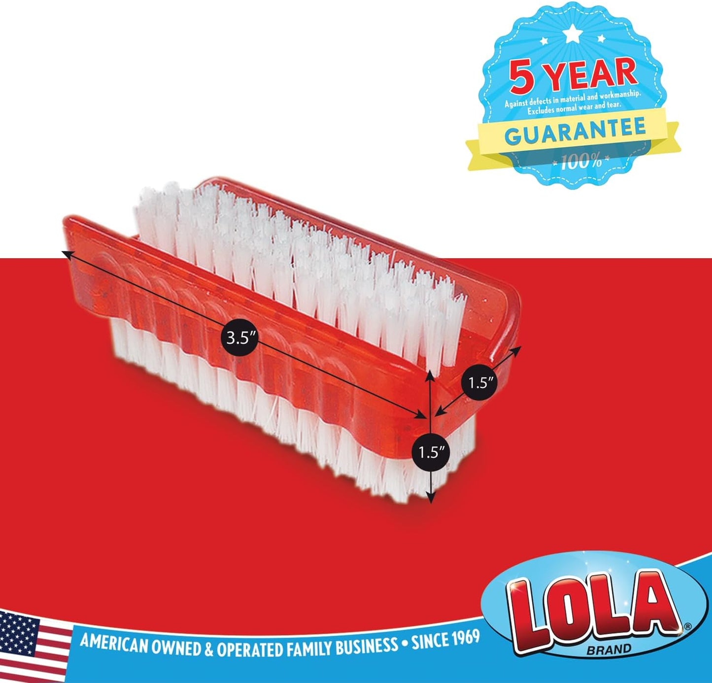 LOLA Classic Hand & Nail Brush, 2 Sided - 3 Pack, Soft & Stiff, Long-Lasting, Comfortable No-Slip Grip, Cleans Hands & Fingernails, Red