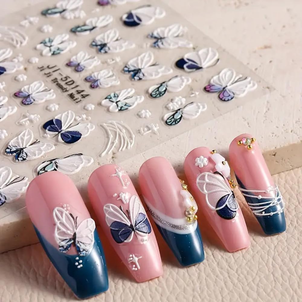 3Pcs Flower Nail Art Stickers Decals 5D Pink Flowers Nail Stickers Spring Relief Blue Butterfly Design Nails Art Decals for Decorations Flower Stickers for Nails Manicure Sliders for Women