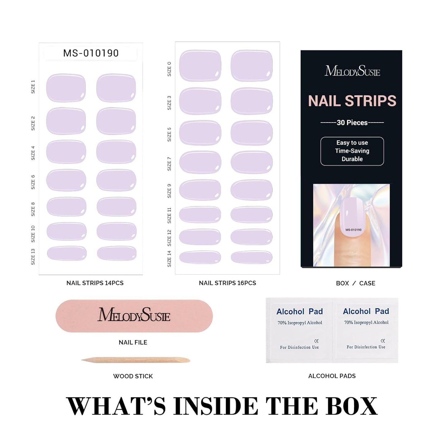 MelodySusie 30PCS Semi Cured Gel Nail Strips (Creamy Purple), Works with Nail lamp, Salon Quality, Long Lasting, Easy to Apply and Remove - Includes 2 Prep Pads, Nail File and Wooden Stick