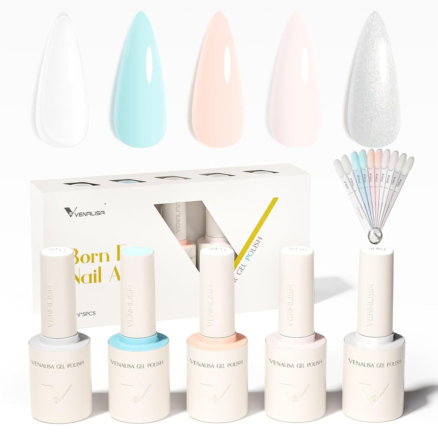 VENALISA Gel Nail Polish Set, 5 Colors 10ML Gel Polish Kit Nude Pink Blue Milky White Glitter Soak Off Salon Manicure DIY at Home Nail Art For Girls Women