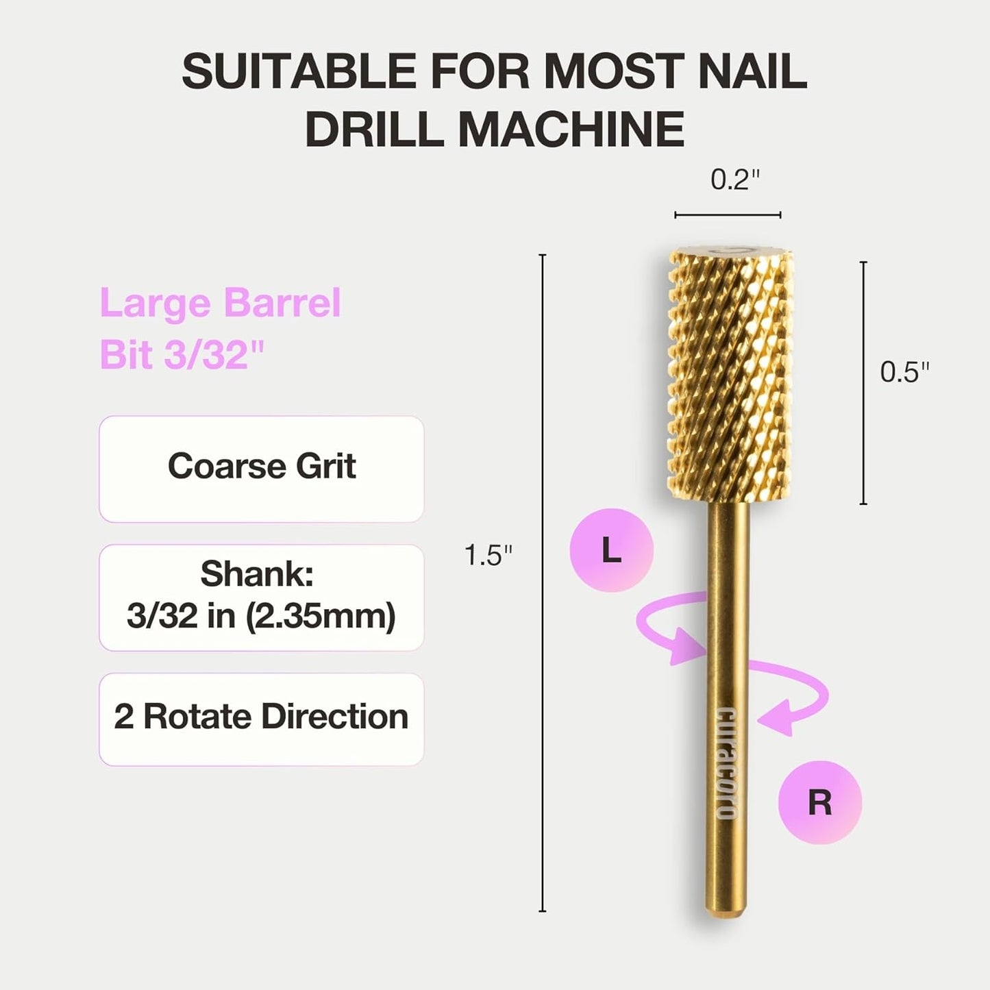 Curacoro Nail Drill Bits 3/32'' - Safe Smooth Stop Large Barrel Carbide Bit (Coarse), Fast Remove Acrylic or Gel Nails, Long-lasting Bits for Nail Beds, Nail Art Salon & Home
