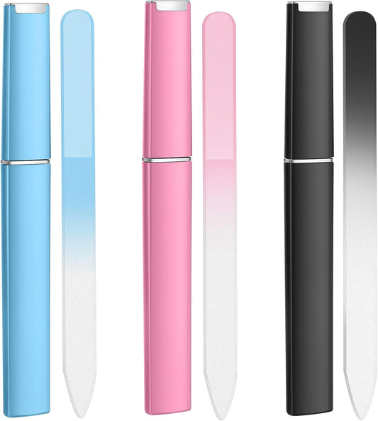3 Pcs Glass Nail Files with Case, Glass Nail Files for Natural Nails Professional Fingernail File Double Sided Nails Filer Stocking Stuffers for Adults Women Teen Girls Christmas Bulk Gifts for Mom
