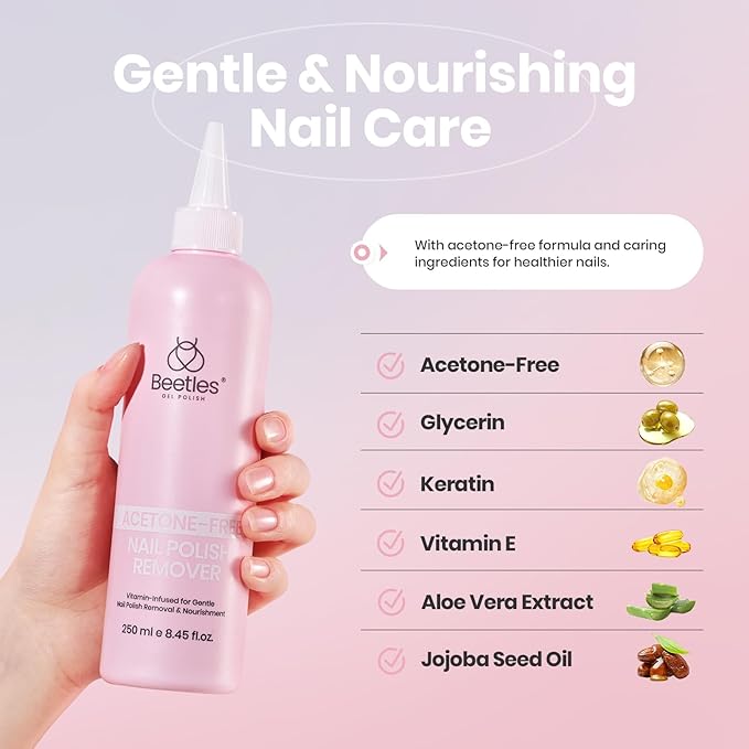 Beetles Non Acetone Nail Polish Remover - 8.45Fl Oz/250ML Nourishing Formula Acetone Free Nail Polish Remover - Non-Drying - Professional Quick and Gentle Removal for Natural Damaged Nails