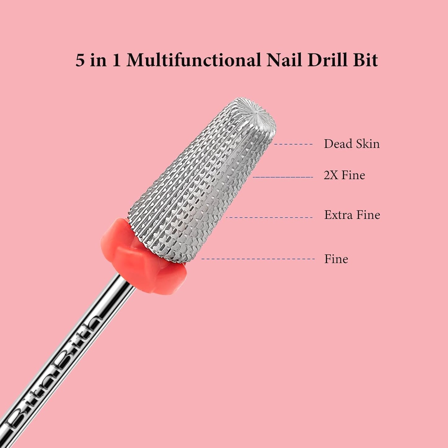 5 in 1 Nail Drill Bits, 3/32”Professional Carbide Drill Bits for Nails Multifunction Art Bit, Fast Remove Acrylic Hard Gel Cuticle Nail Efile Bit Manicure Pedicure,Two Way Rotate,Fine
